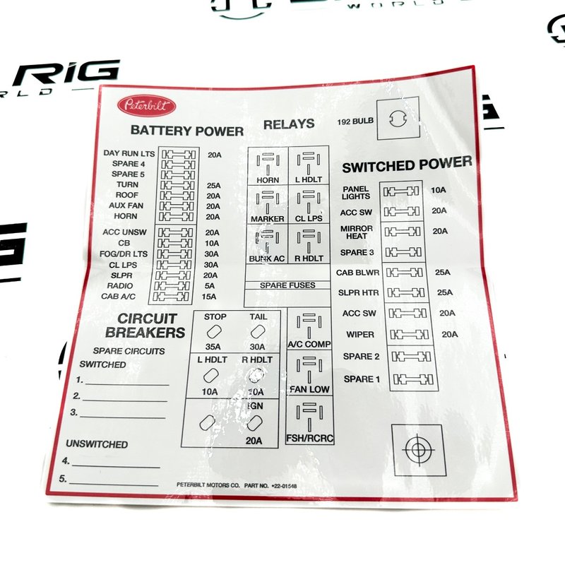 Label - Power Dist. Panel 22-01548 - Peterbilt