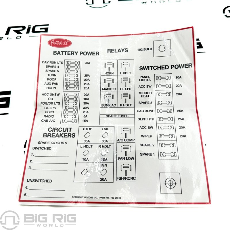 Label - Power Dist. Panel 22-01548 - Peterbilt